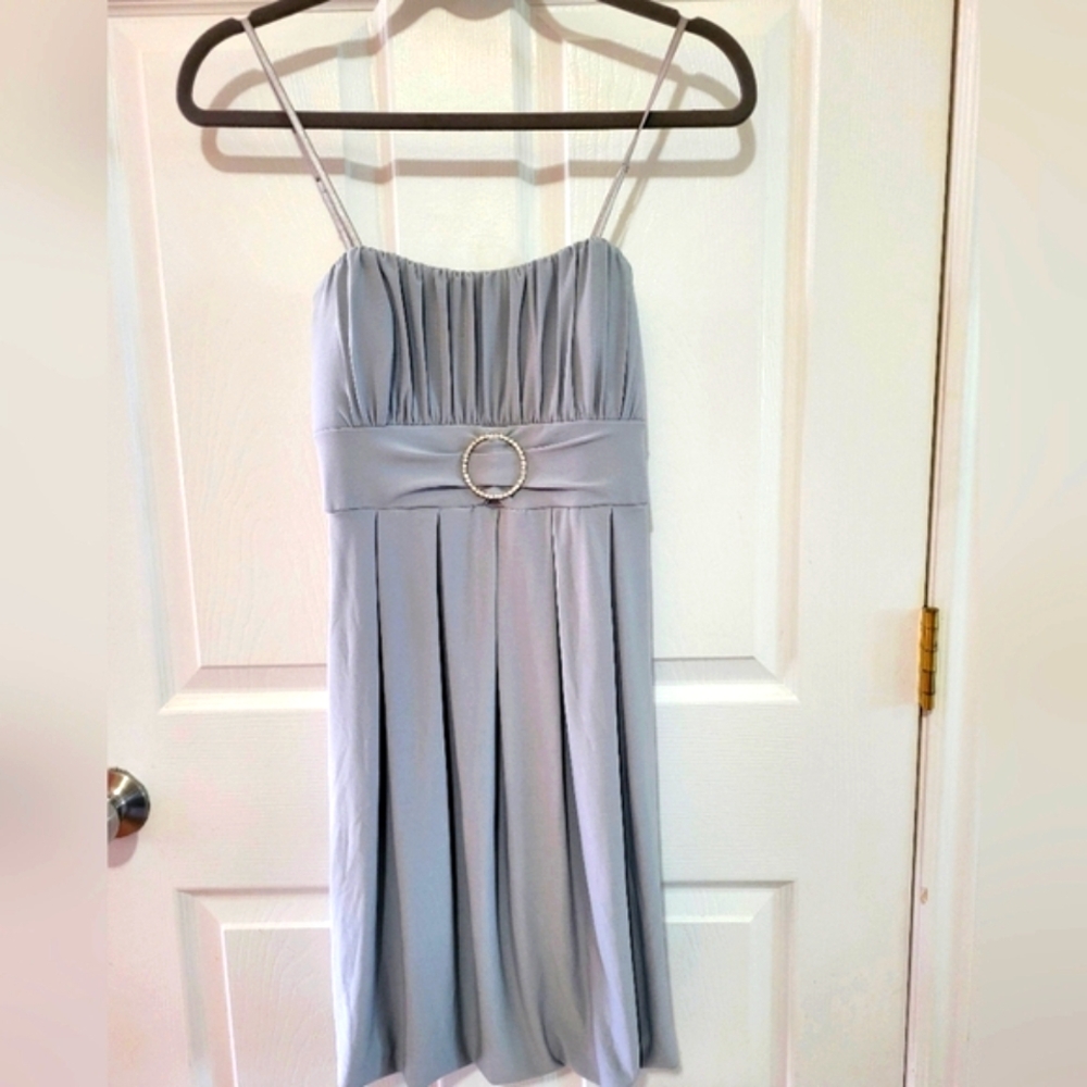 (M)🆕️🔥B Starlet🔥Elegant Silver Gray Balloon Hem Dress w Rhinestone Accent